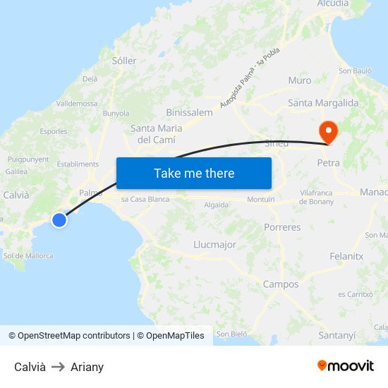 Calvià to Ariany map