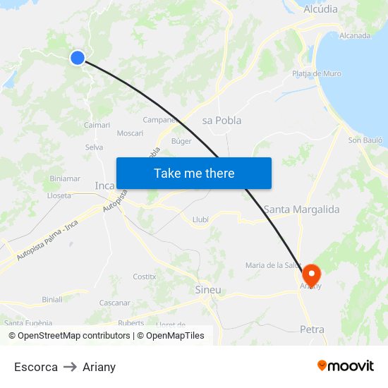 Escorca to Ariany map
