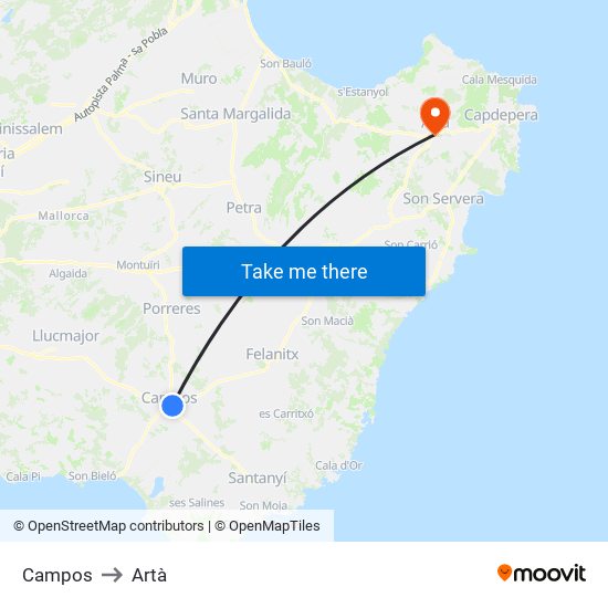 Campos to Artà map