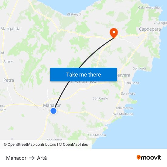 Manacor to Artà map