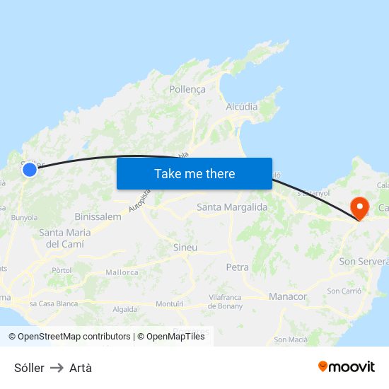 Sóller to Artà map