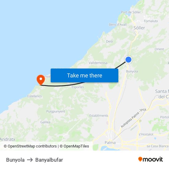 Bunyola to Banyalbufar map