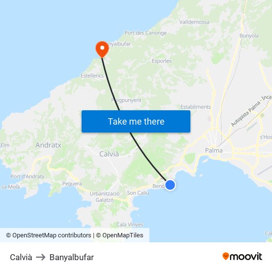 Calvià to Banyalbufar map