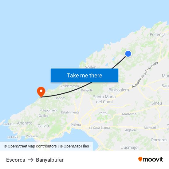 Escorca to Banyalbufar map
