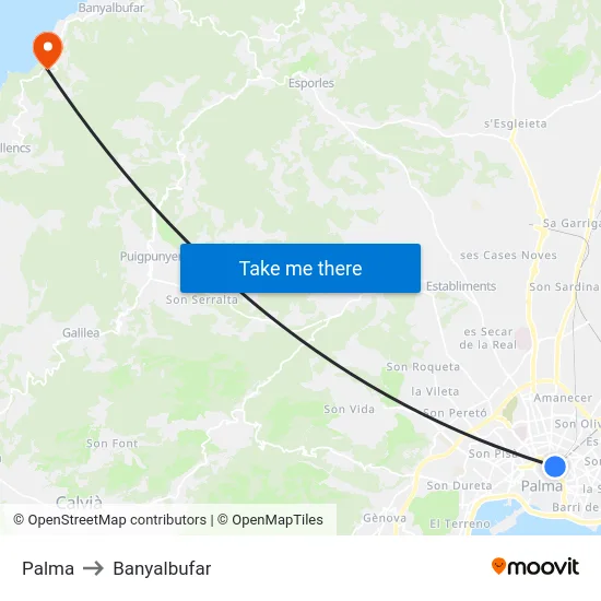 Palma to Banyalbufar map
