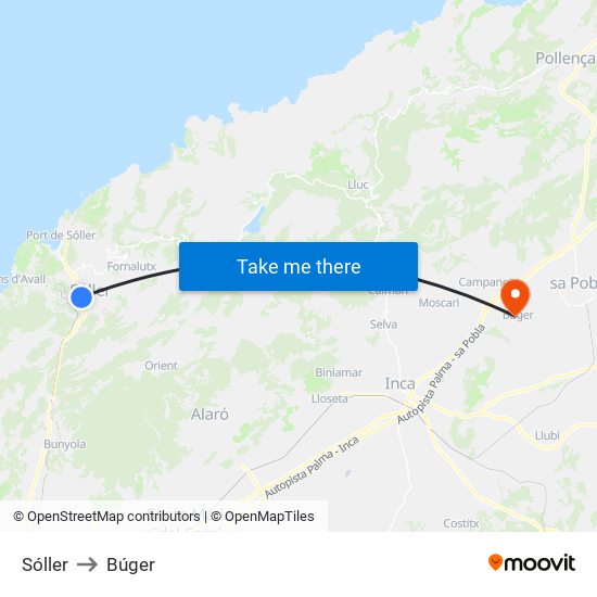 Sóller to Búger map