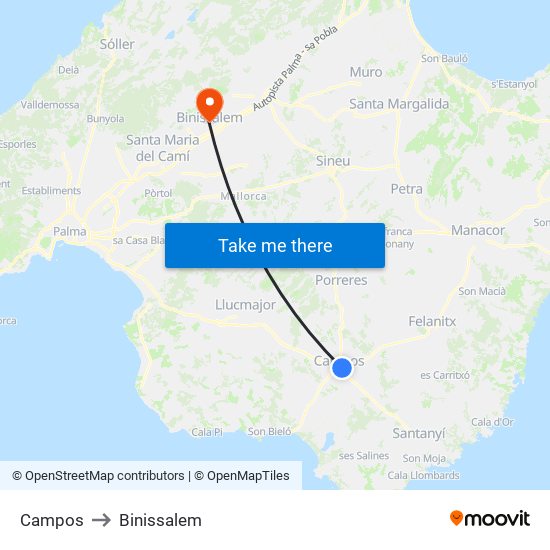 Campos to Binissalem map