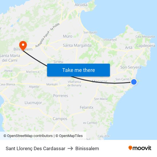 Sant Llorenç Des Cardassar to Binissalem map