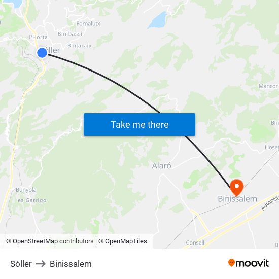 Sóller to Binissalem map