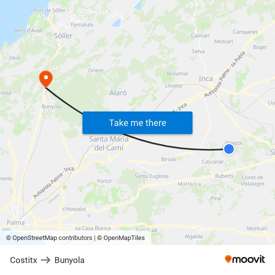 Costitx to Bunyola map