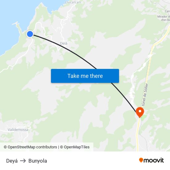 Deyá to Bunyola map