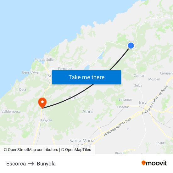 Escorca to Bunyola map