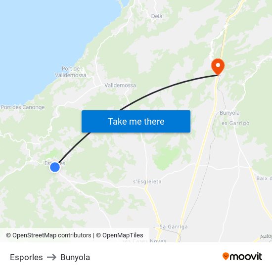 Esporles to Bunyola map