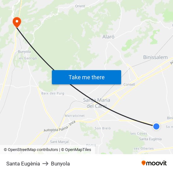 Santa Eugènia to Bunyola map