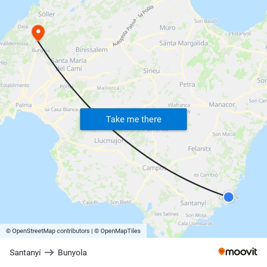Santanyí to Bunyola map