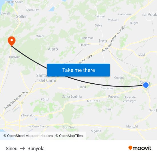 Sineu to Bunyola map