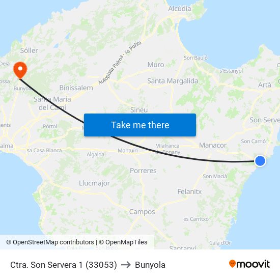 Ctra. Son Servera 1 (33053) to Bunyola map