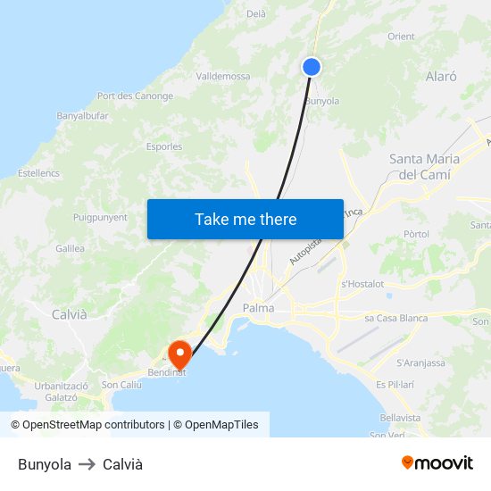 Bunyola to Calvià map