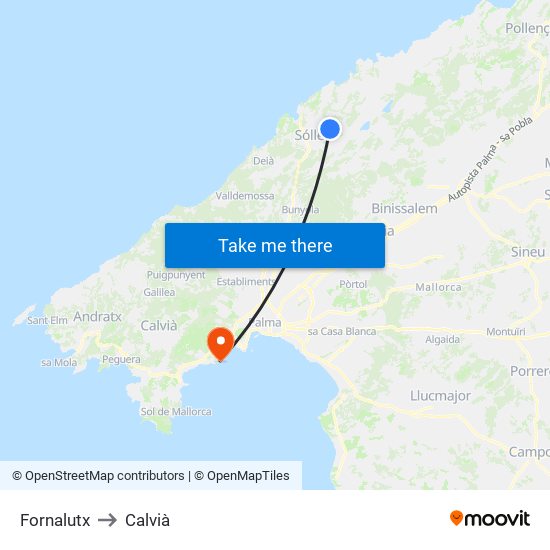 Fornalutx to Calvià map
