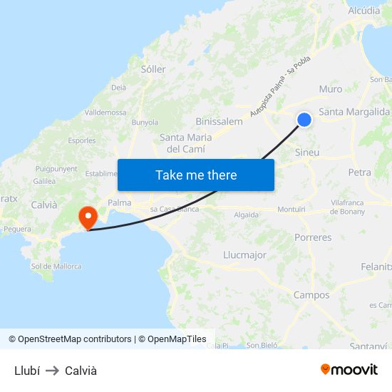 Llubí to Calvià map