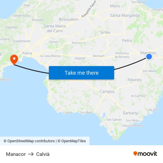 Manacor to Calvià map