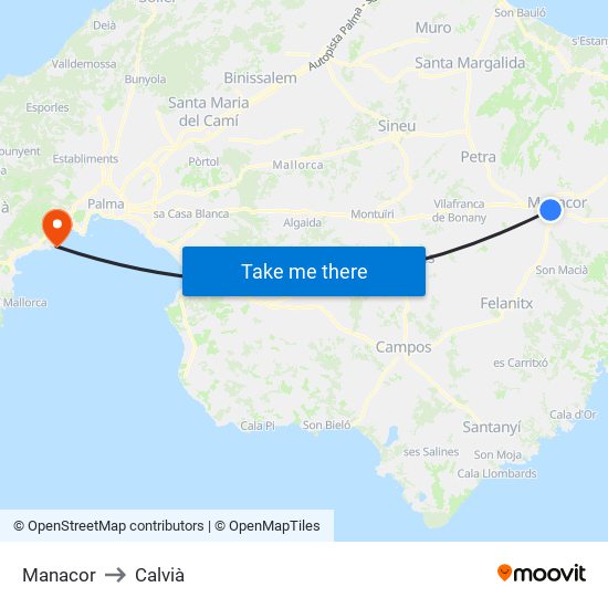 Manacor to Calvià map