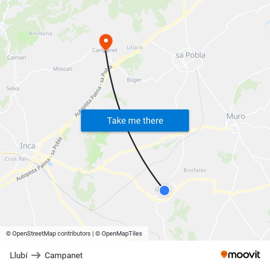 Llubí to Campanet map