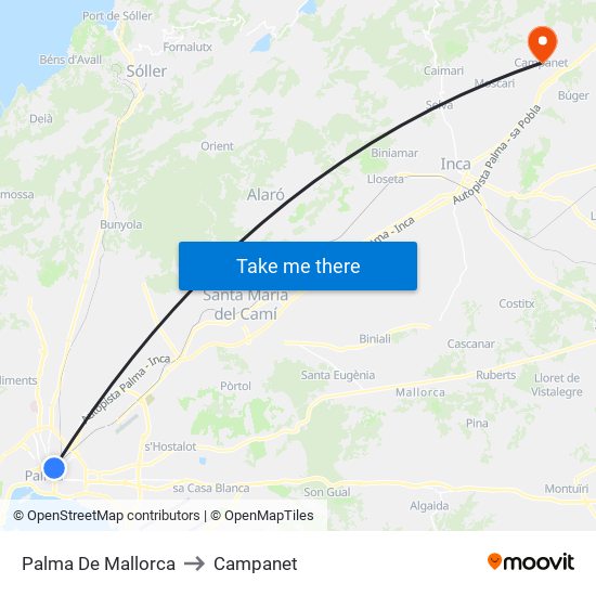 Palma De Mallorca to Campanet map