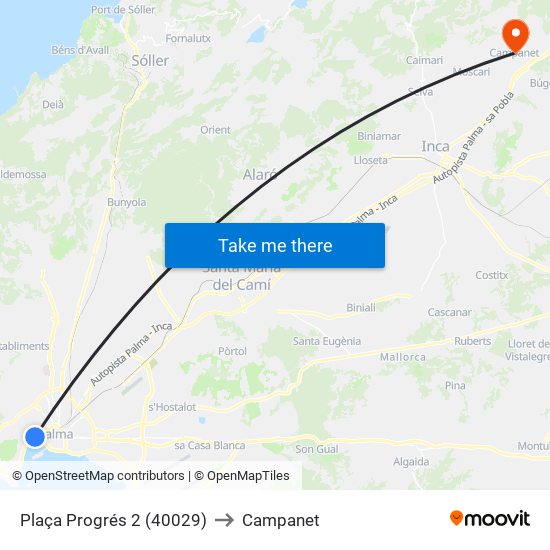 Plaça Progrés 2 (40029) to Campanet map