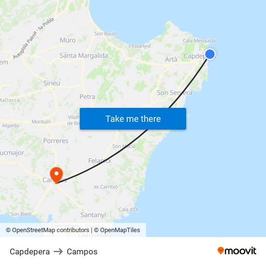 Capdepera to Campos map