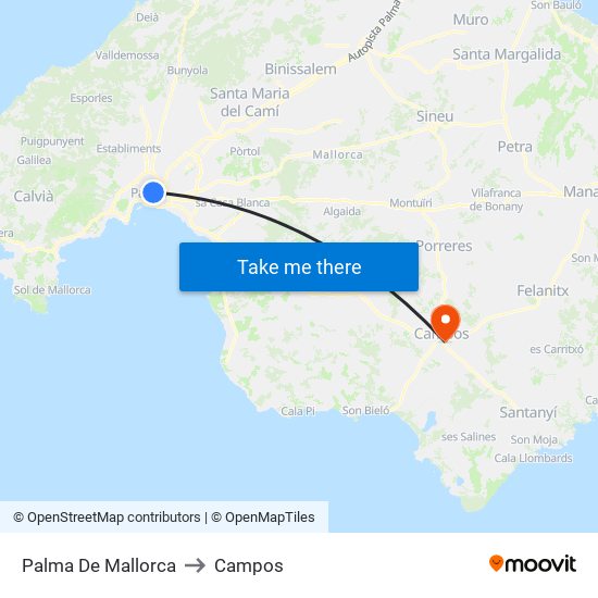 Palma De Mallorca to Campos map