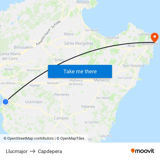 Llucmajor to Capdepera map