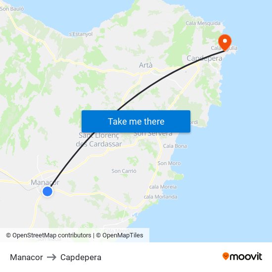 Manacor to Capdepera map