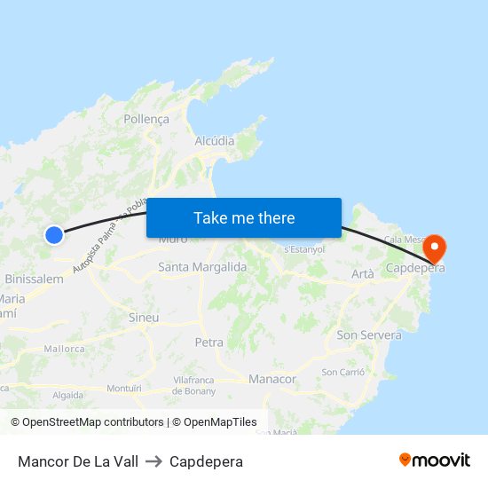 Mancor De La Vall to Capdepera map