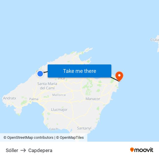 Sóller to Capdepera map