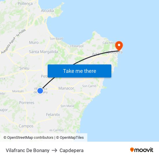 Vilafranc De Bonany to Capdepera map