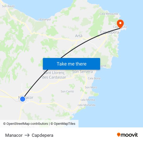 Manacor to Capdepera map