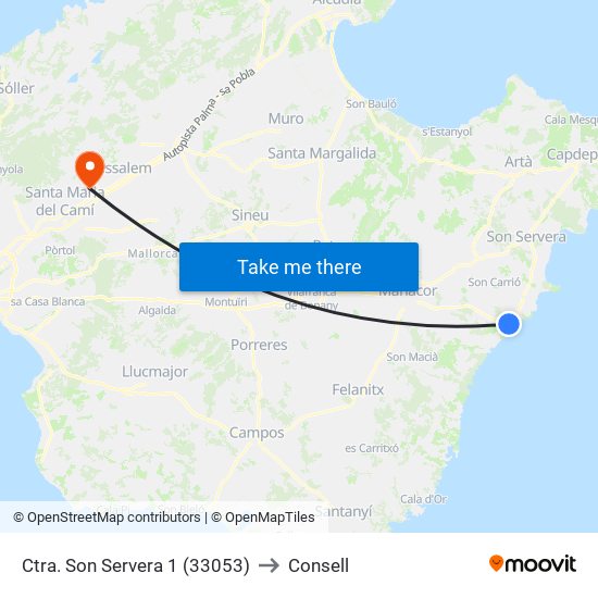 Ctra. Son Servera 1 (33053) to Consell map