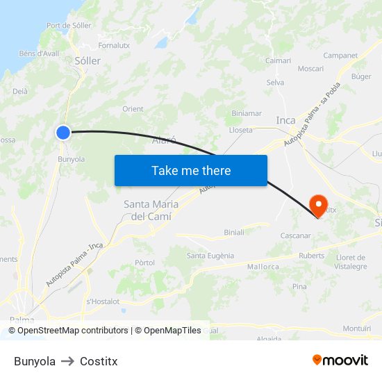 Bunyola to Costitx map