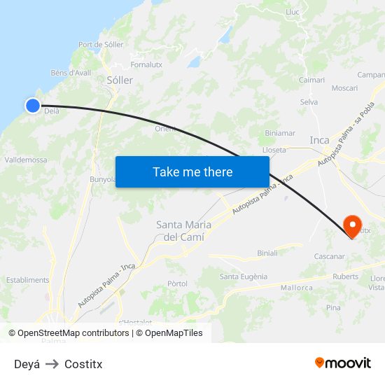 Deyá to Costitx map
