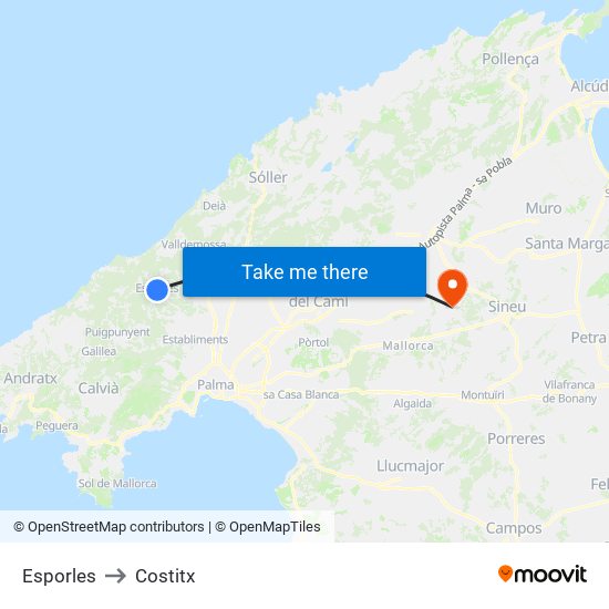 Esporles to Costitx map