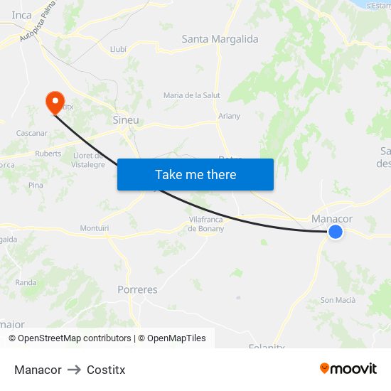 Manacor to Costitx map