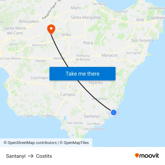 Santanyí to Costitx map