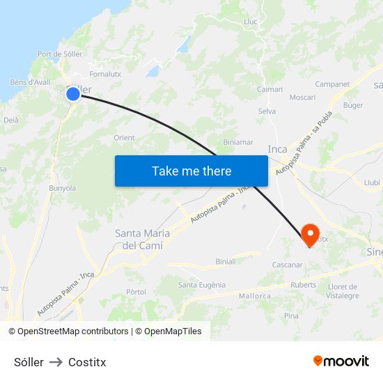 Sóller to Costitx map