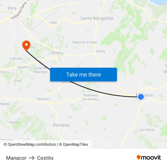 Manacor to Costitx map