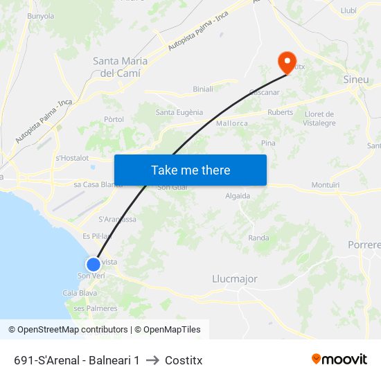 691-S'Arenal - Balneari 1 to Costitx map