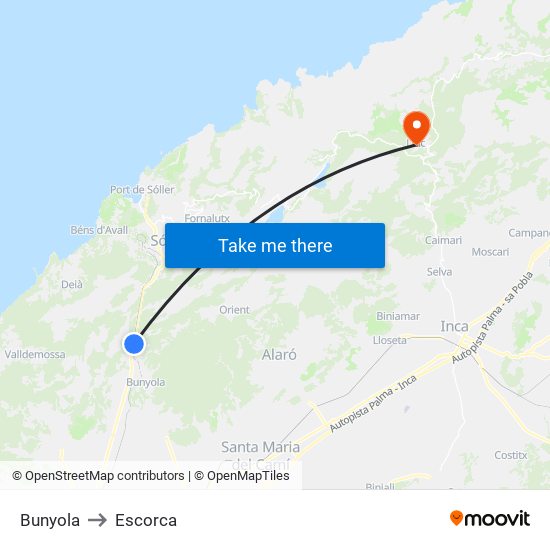 Bunyola to Escorca map