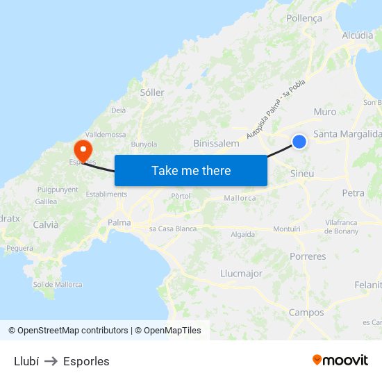 Llubí to Esporles map