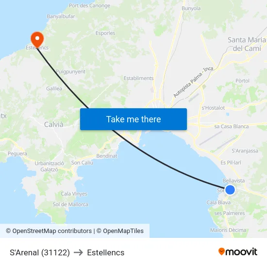 S'Arenal (31122) to Estellencs map