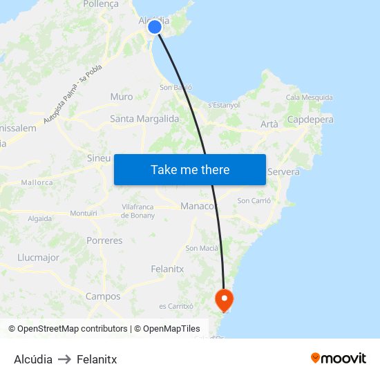 Alcúdia to Felanitx map